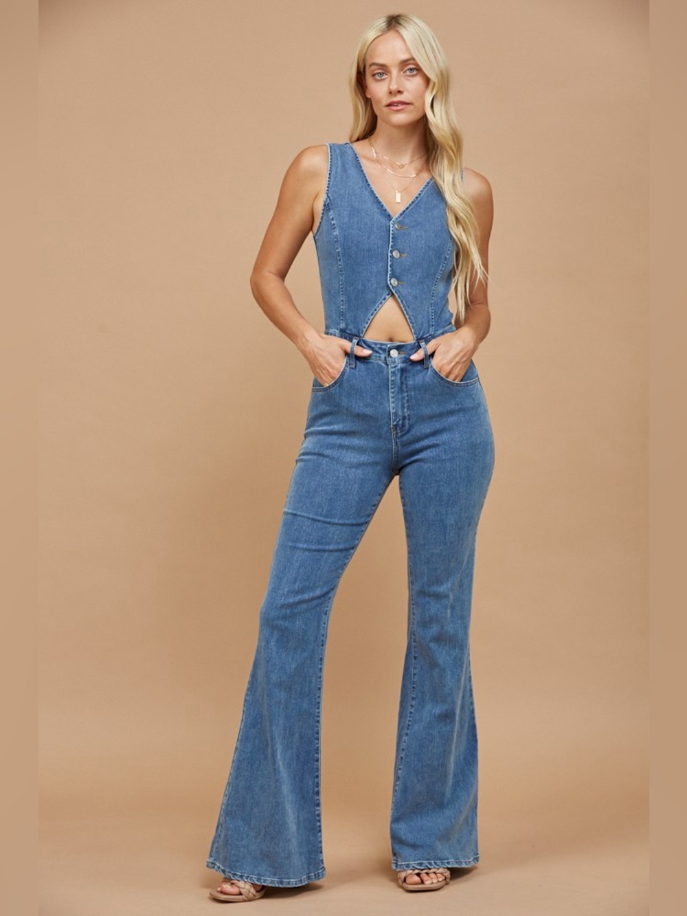 🤠 Western Cut Out Bootcut Denim Jumpsuit | Cowgirl Chic Flare One Piece - Picture 5 of 7
